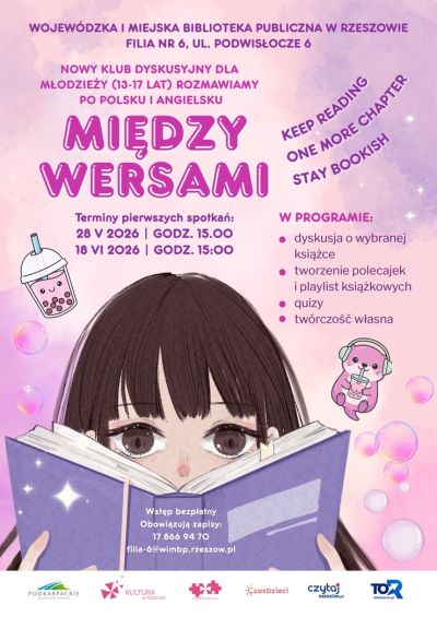 Grafika promujaca klub dyskusyjny dla młodzieży Między wersami